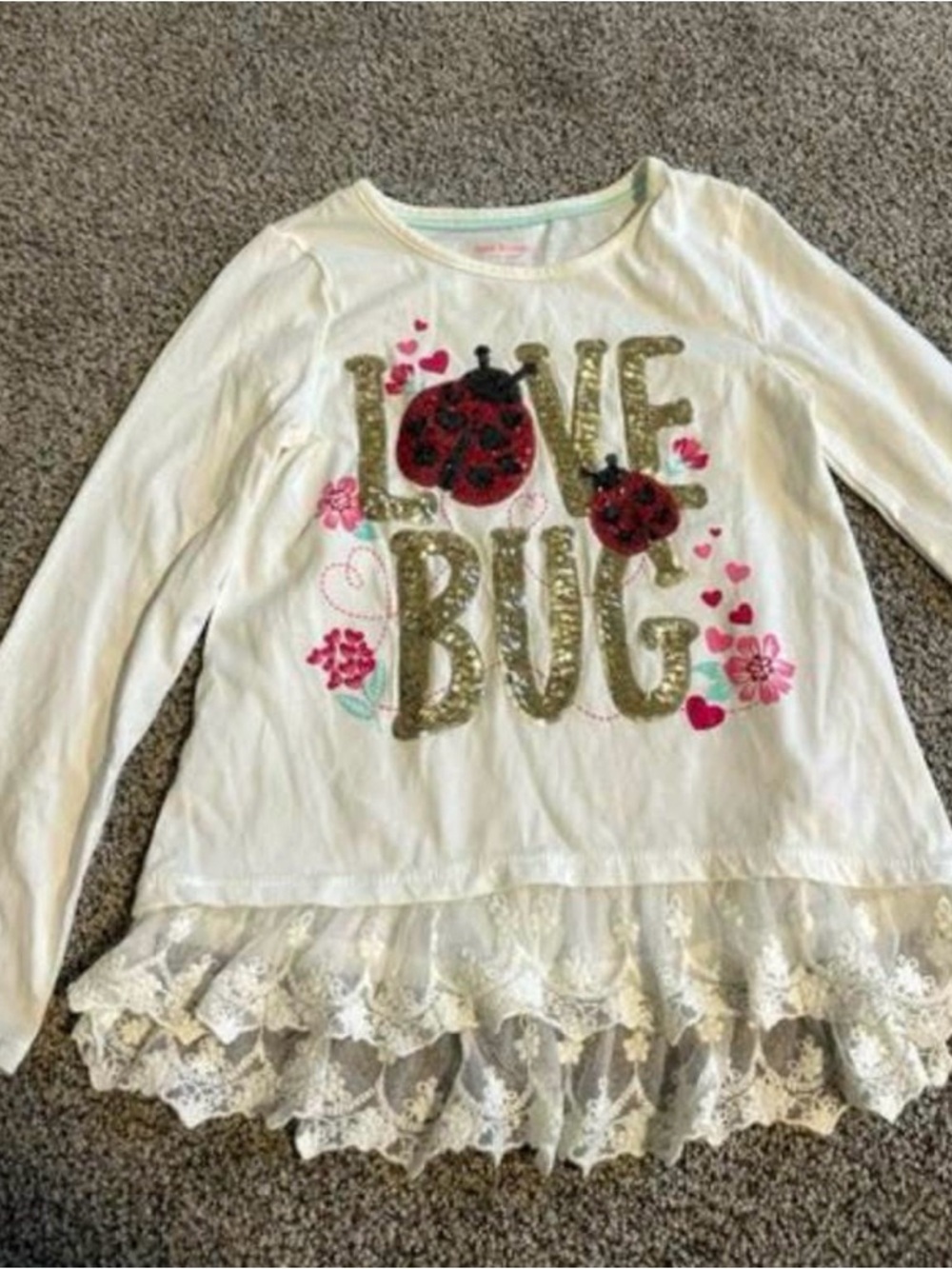 Love Bug Lace-Hem Long Sleeve Top - White